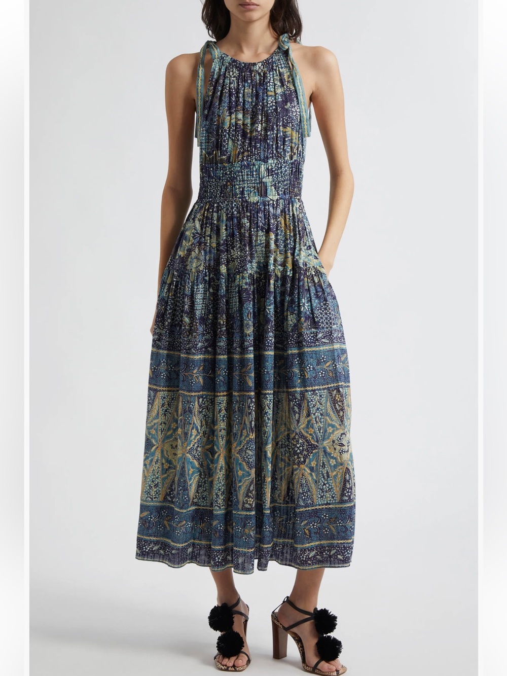 Ulla Johnson Essie Smocked Waist Sleveless Maxi Dress Size 6 Boho Chic Pockets